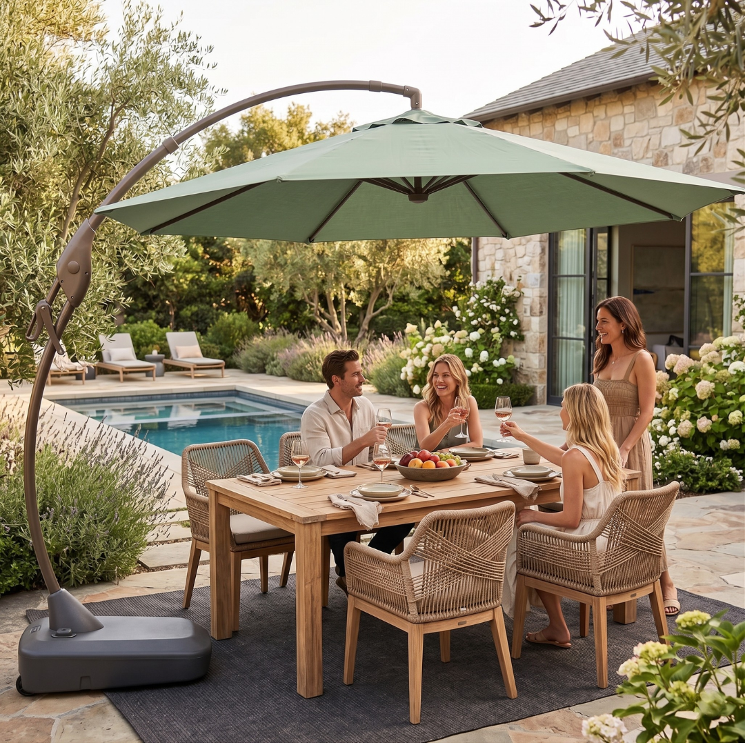 Round 12 ft Cantilever Patio Umbrella with Wheeled Fillable Base