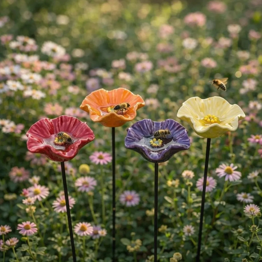 Charming Ceramic Flower Water Stations for Bees (Set of 4)
