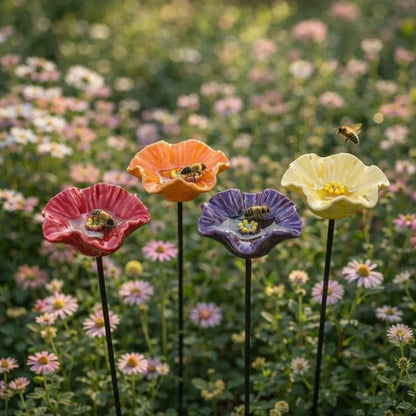 Charming Ceramic Flower Water Stations for Bees (Set of 4)