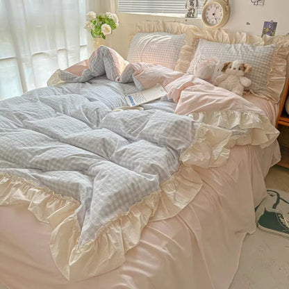 Charming Plaid Bedding Set with Elegant Ruffles