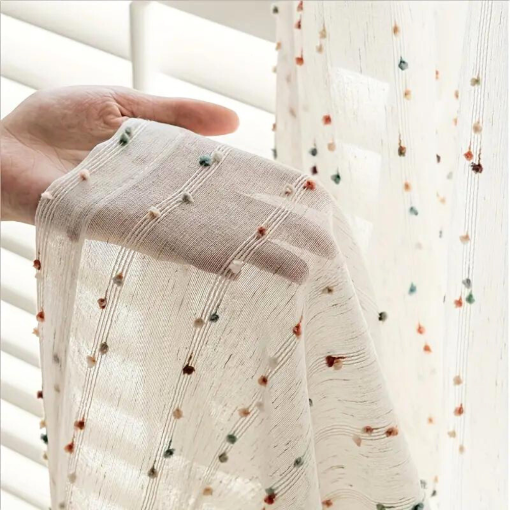 Whimsical Rainbow Embroidered Tulle Window Drapes