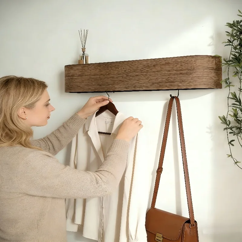 Stylish Oak Wall Organizer with Concealed Hooks