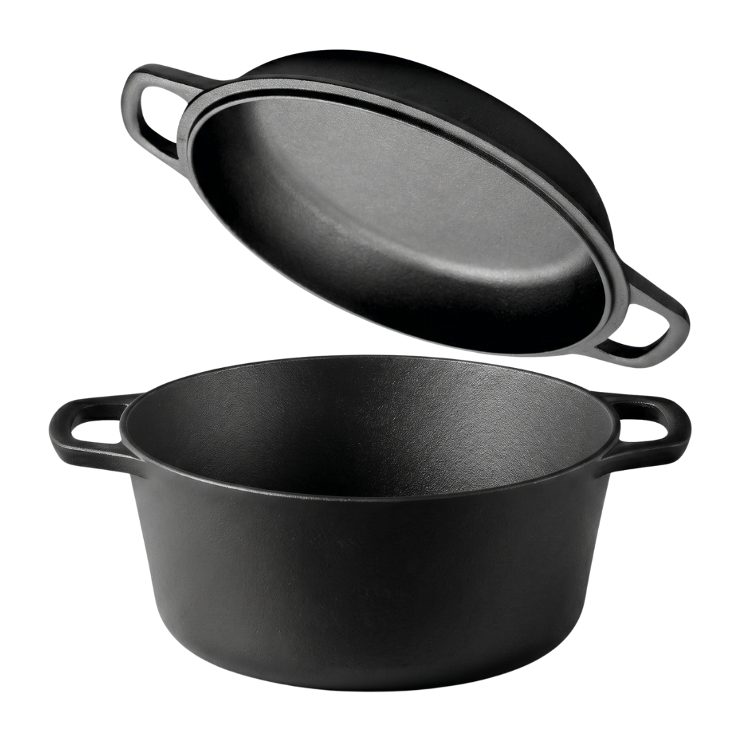Cast Iron Dutch Oven Set with Skillet Lid – Pre-Seasoned 2-in-1