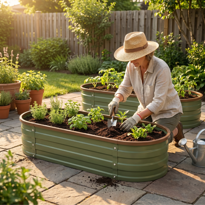 Oval Metal Planter Set - 2 Galvanized Raised Garden Beds 4' x 2' x 1