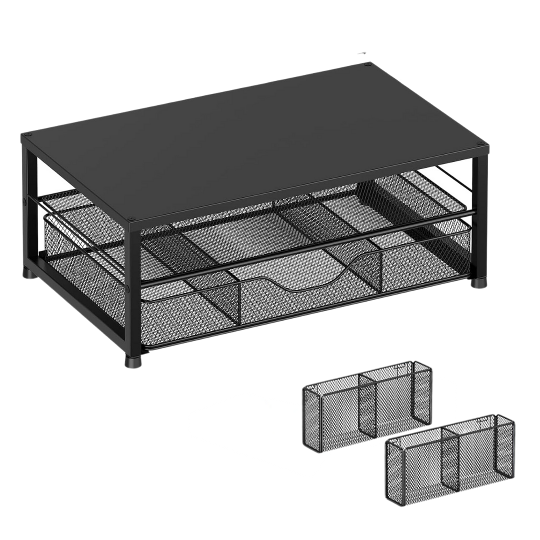Metal Monitor Stand with Two Levels, Drawer, and Side Storage