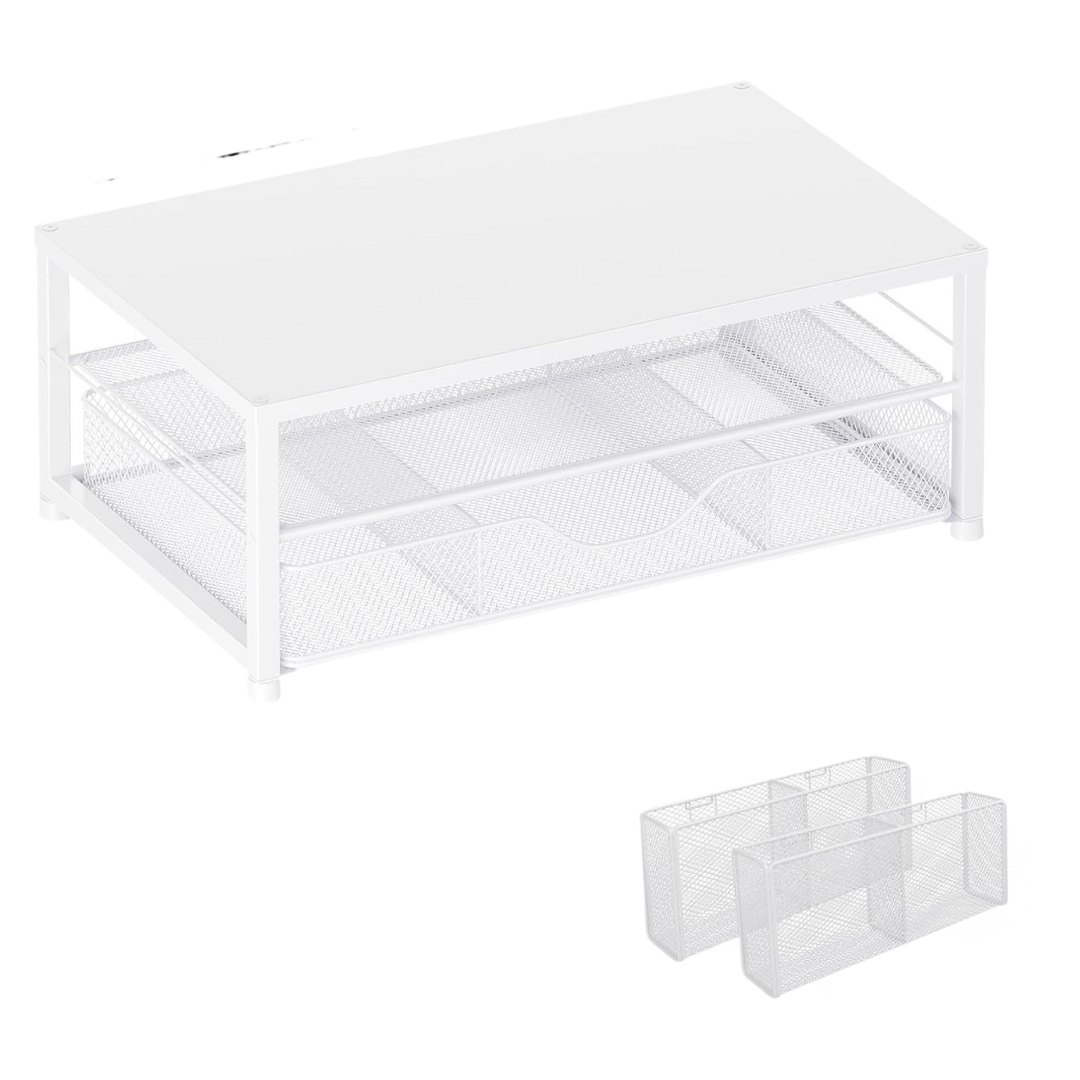 Metal Monitor Stand with Two Levels, Drawer, and Side Storage