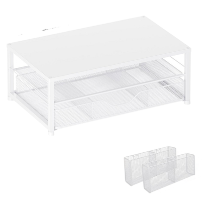 Metal Monitor Stand with Two Levels, Drawer, and Side Storage