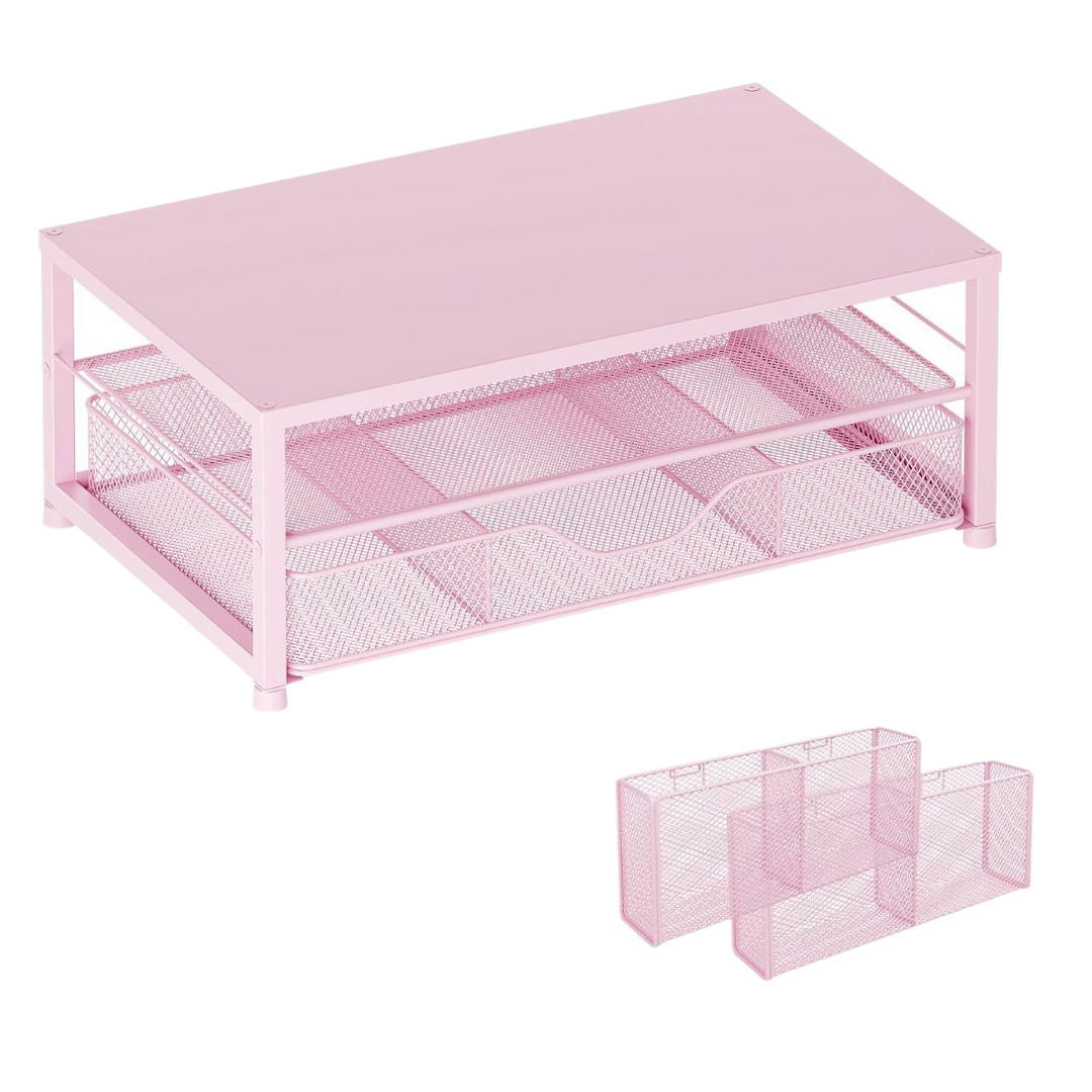 Metal Monitor Stand with Two Levels, Drawer, and Side Storage