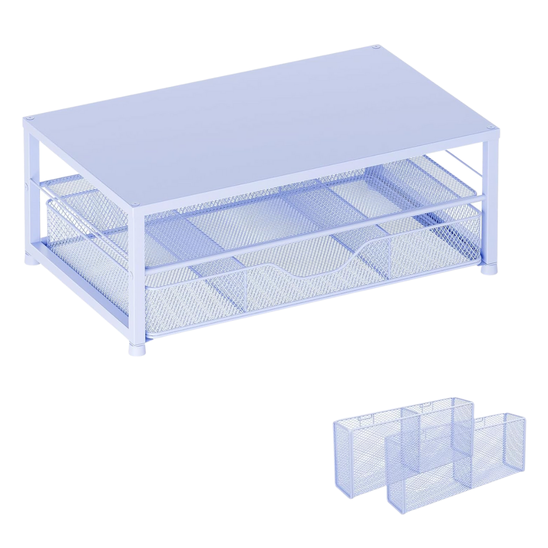 Metal Monitor Stand with Two Levels, Drawer, and Side Storage