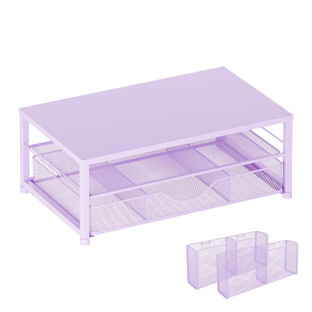 Metal Monitor Stand with Two Levels, Drawer, and Side Storage