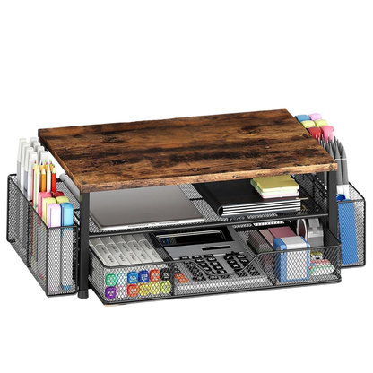 Metal Monitor Stand with Two Levels, Drawer, and Side Storage