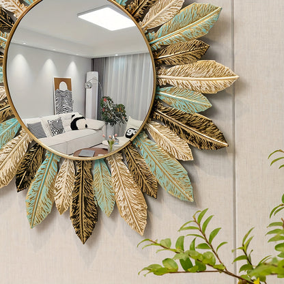 Elegant Sunburst Wall Mirror in Teal and Gold Accents