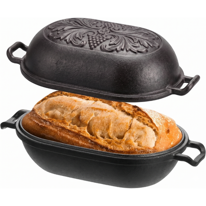 Pre-Seasoned Oval Bread Baker - 3.3 Quart Cast Iron Loaf Pan with Cover
