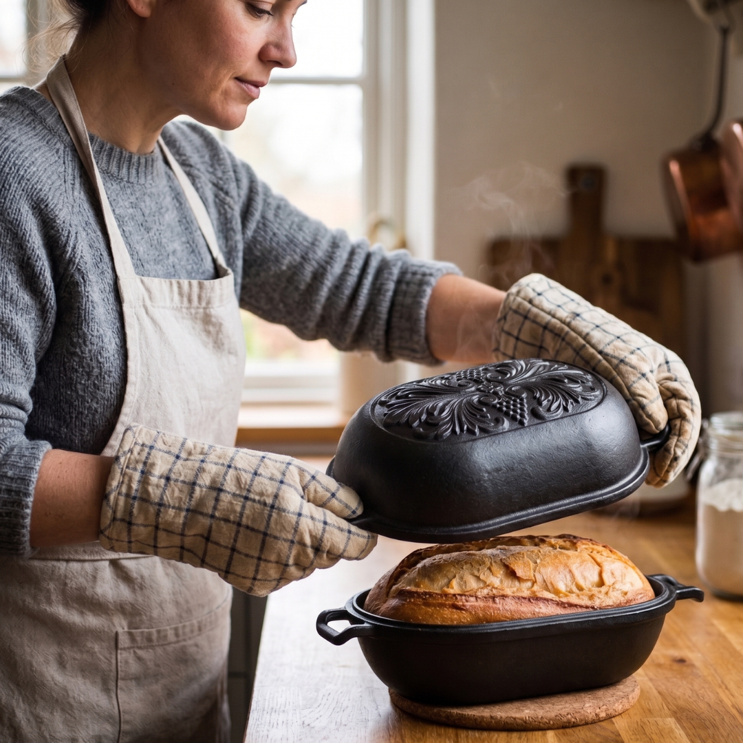 Pre-Seasoned Oval Bread Baker - 3.3 Quart Cast Iron Loaf Pan with Cover