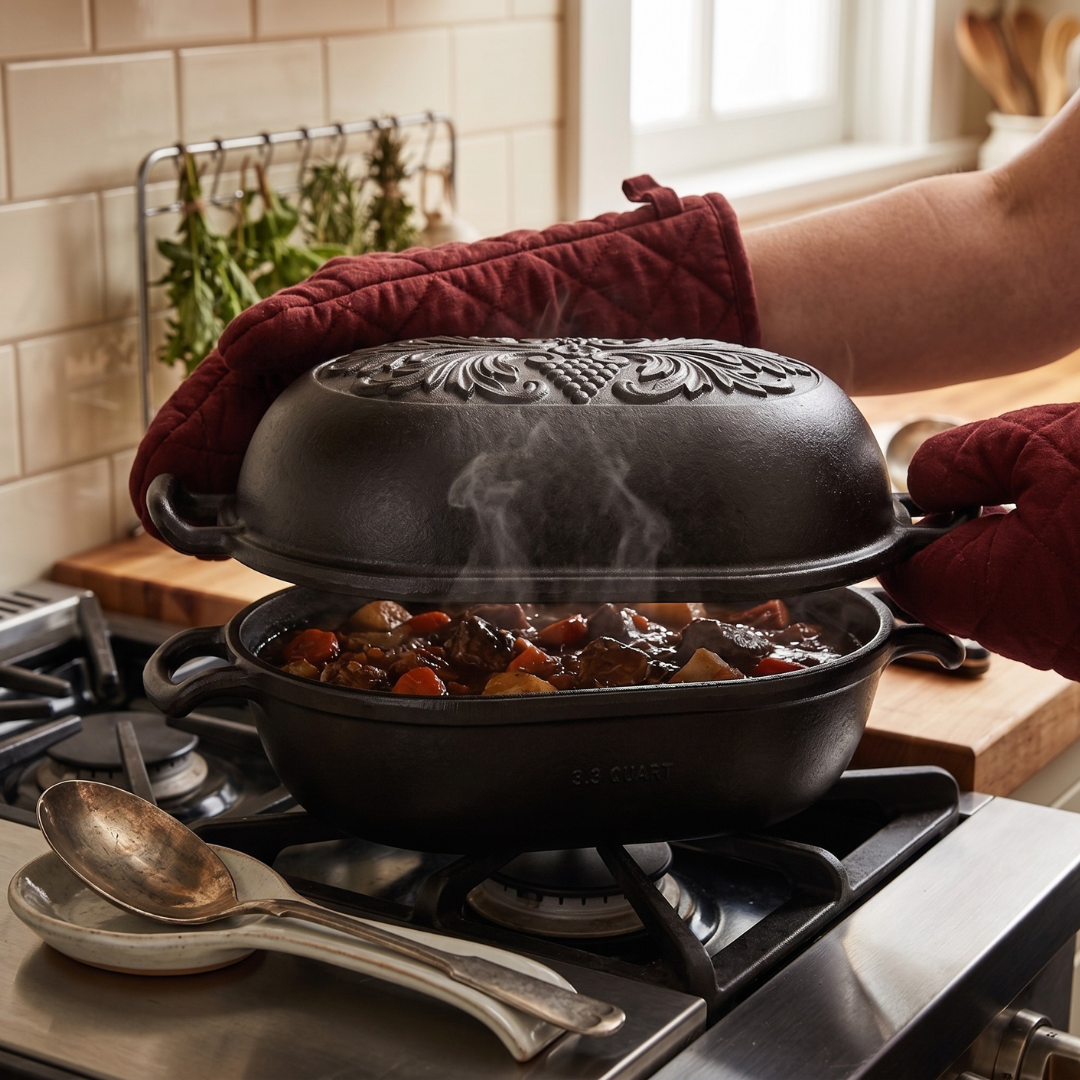 Pre-Seasoned Oval Bread Baker - 3.3 Quart Cast Iron Loaf Pan with Cover