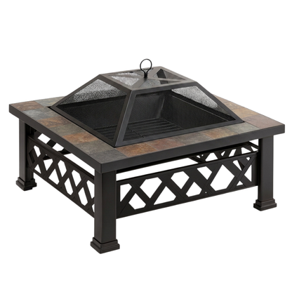 Square Metal Fire Pit Table, 35 Inches with Spark Screen for Outdoor Use