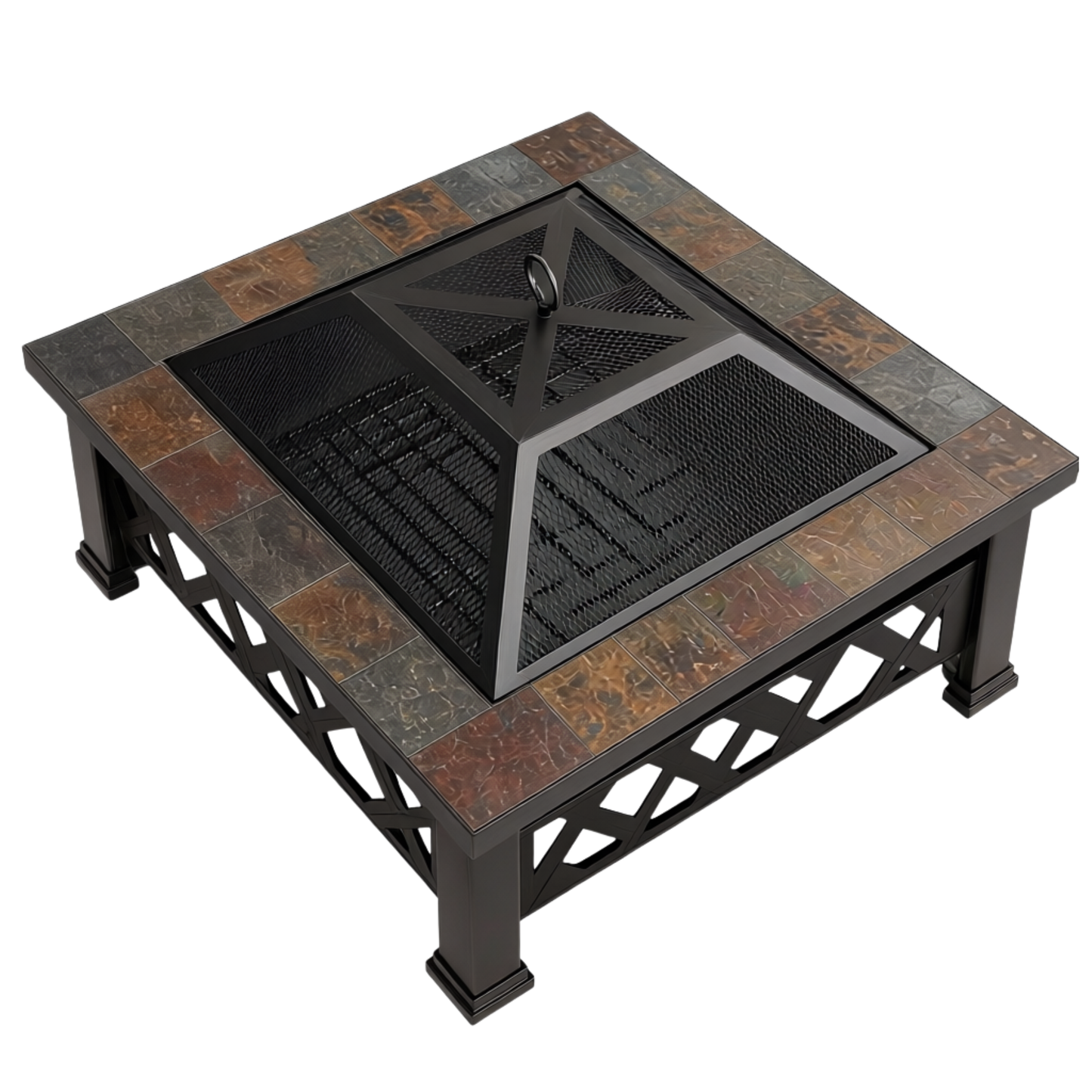 Square Metal Fire Pit Table, 35 Inches with Spark Screen for Outdoor Use