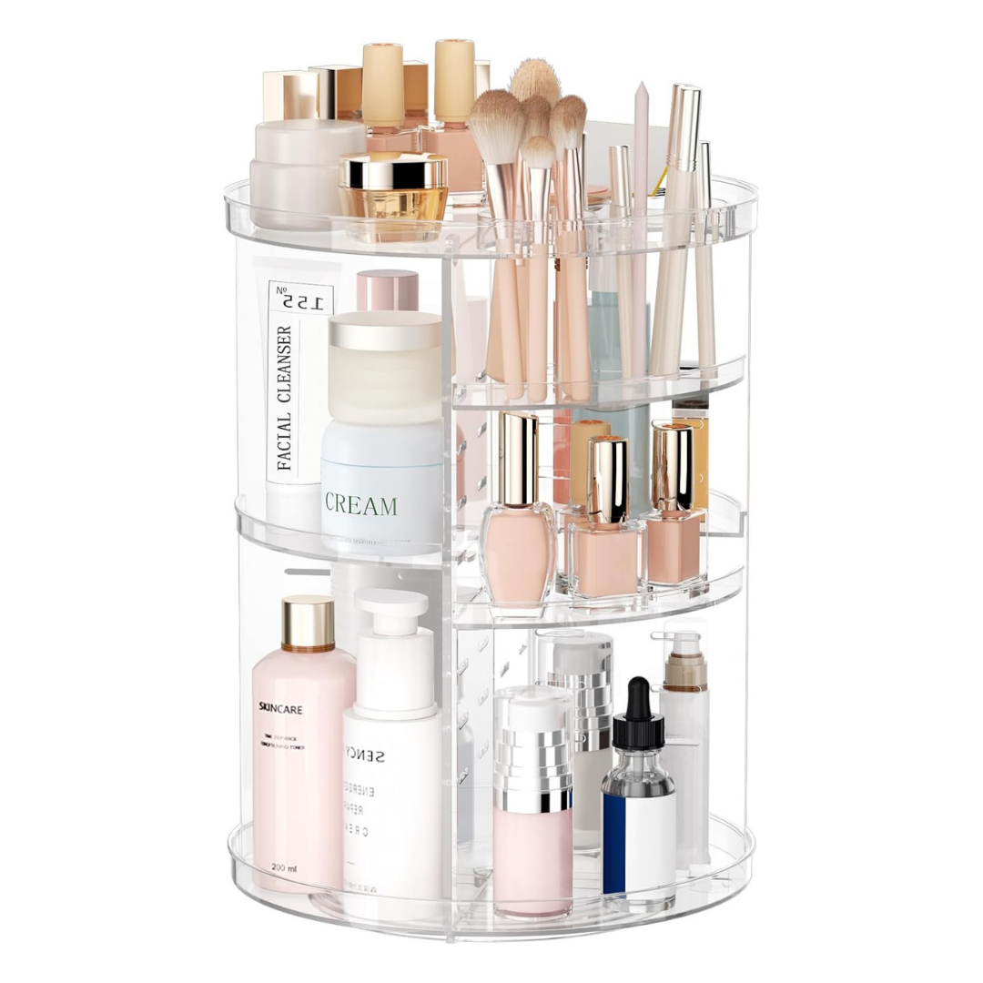 Adjustable Acrylic Makeup Organizer with 360° Rotation and Compartments