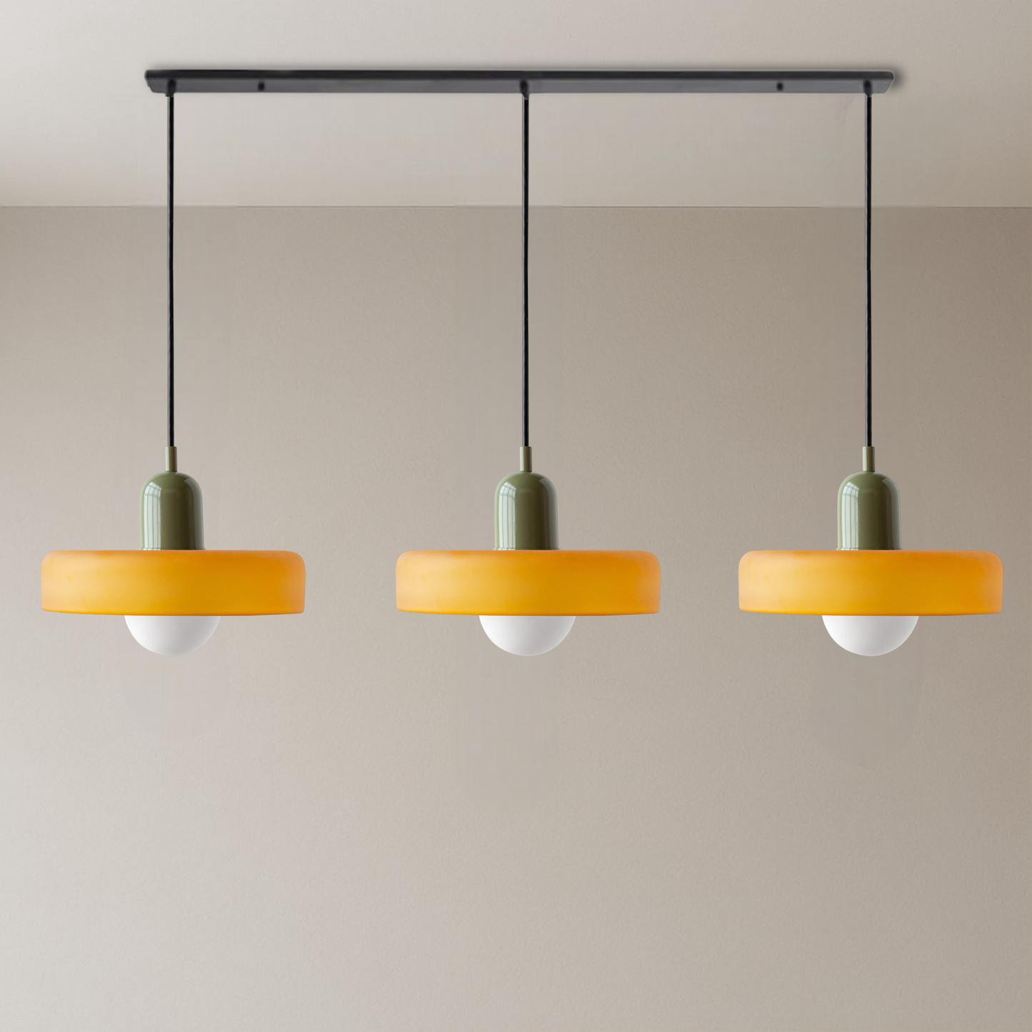 Trio of Colored Glass Pendant Light with Adjustable Height