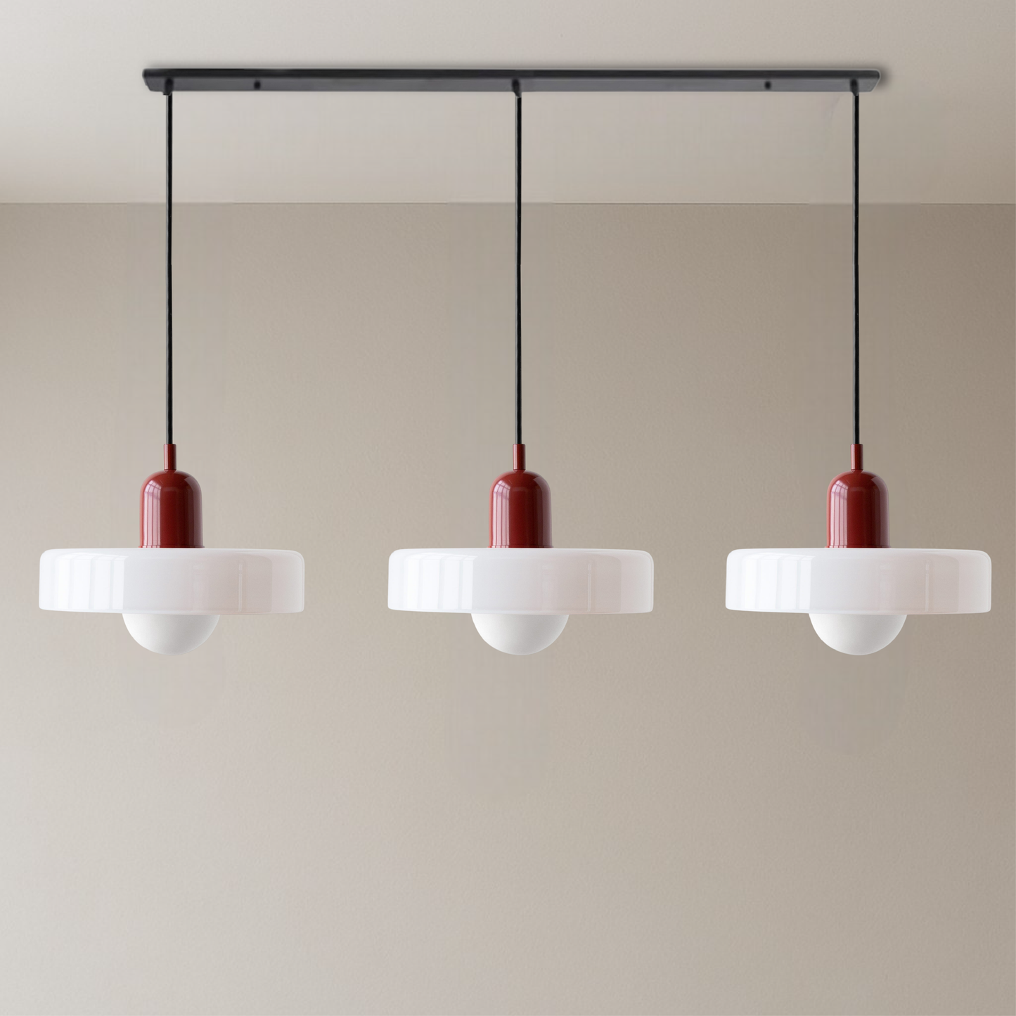 Trio of Colored Glass Pendant Light with Adjustable Height