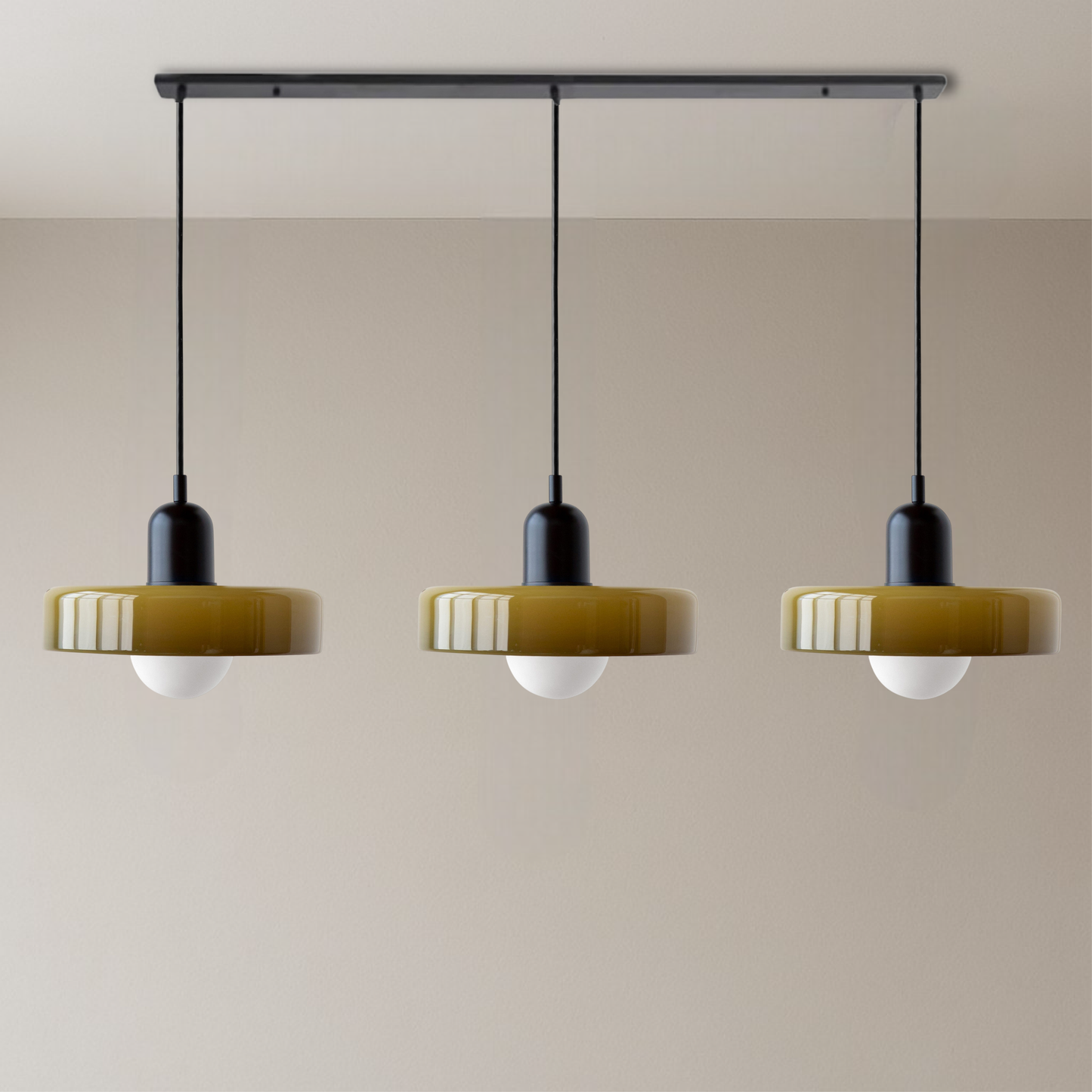 Trio of Colored Glass Pendant Light with Adjustable Height