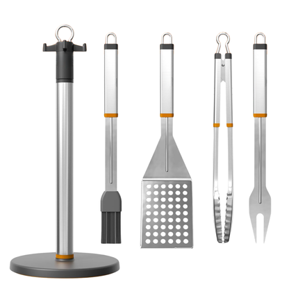 BBQ Tool Set with Rotating Stand – 4 Stainless Steel Pieces