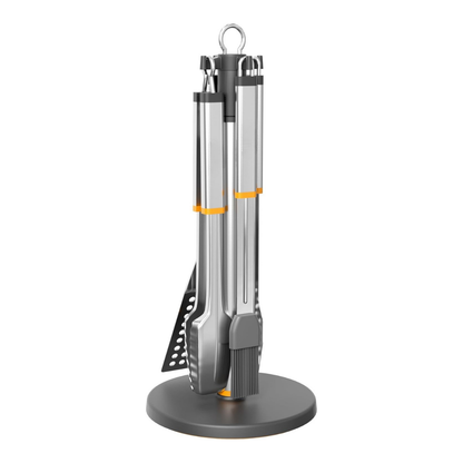 BBQ Tool Set with Rotating Stand – 4 Stainless Steel Pieces