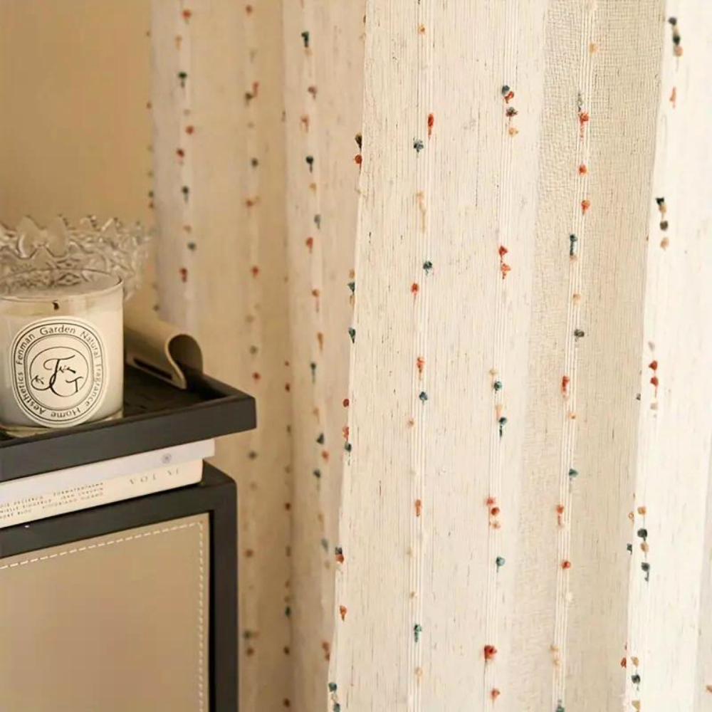 Whimsical Rainbow Embroidered Tulle Window Drapes
