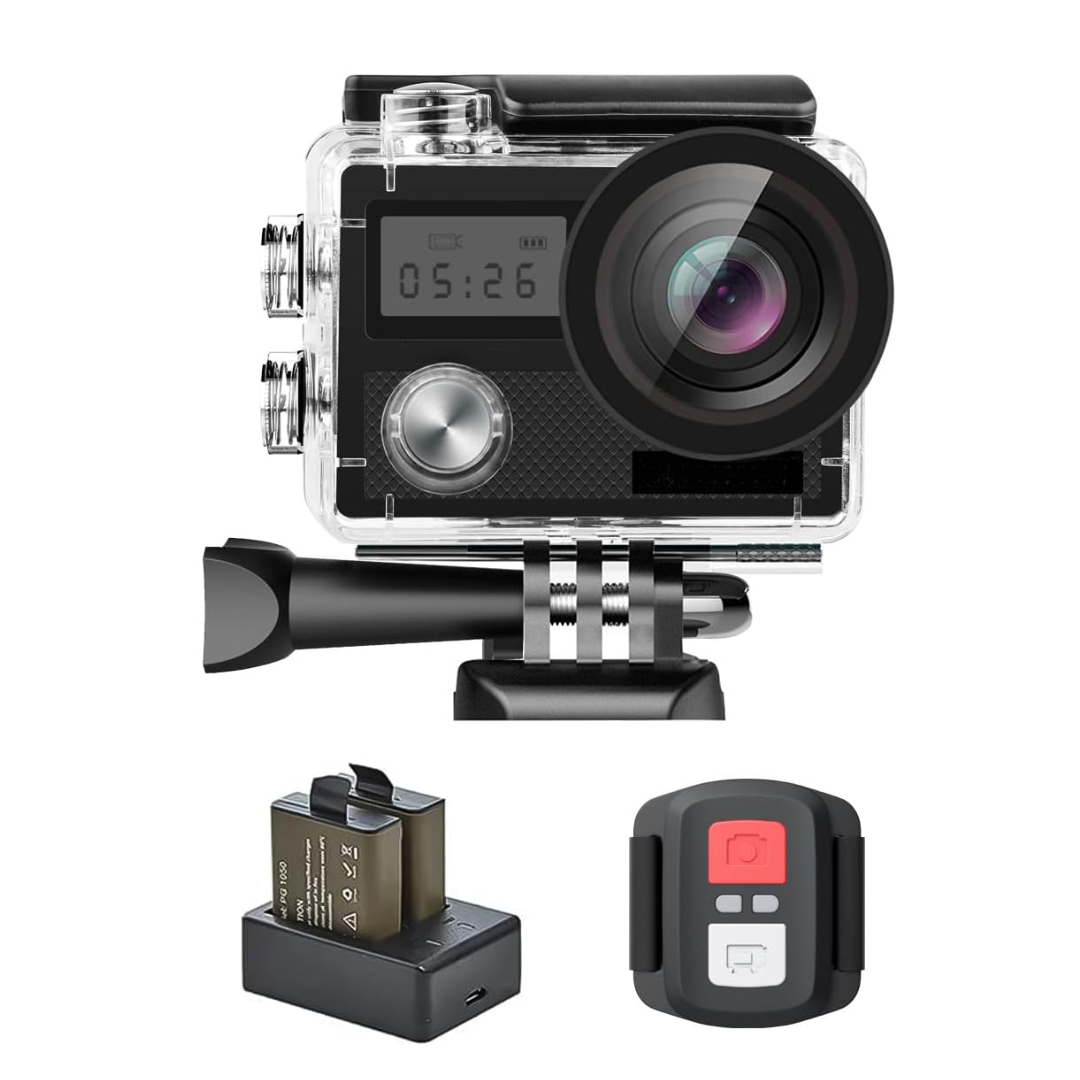 Waterproof 4K Action Camera Bundle with Dual Displays and WiFi Mount