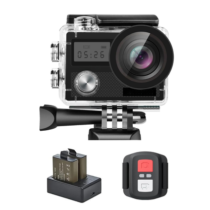 Waterproof 4K Action Camera Bundle with Dual Displays and WiFi Mount