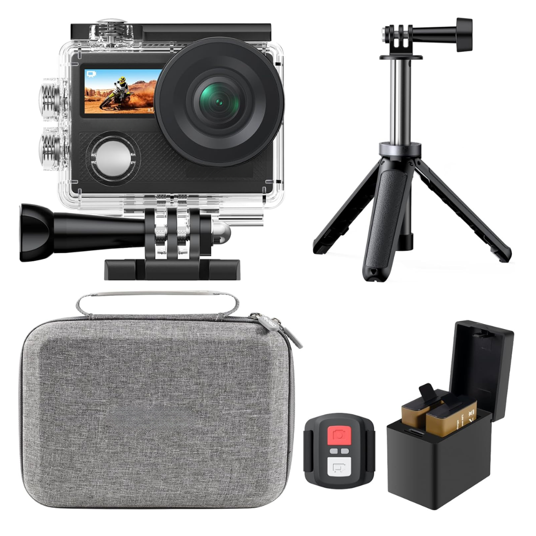 Waterproof 4K Action Camera Bundle with Dual Displays and WiFi Mount