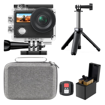 Waterproof 4K Action Camera Bundle with Dual Displays and WiFi Mount