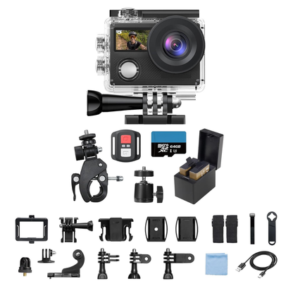 Waterproof 4K Action Camera Bundle with Dual Displays and WiFi Mount