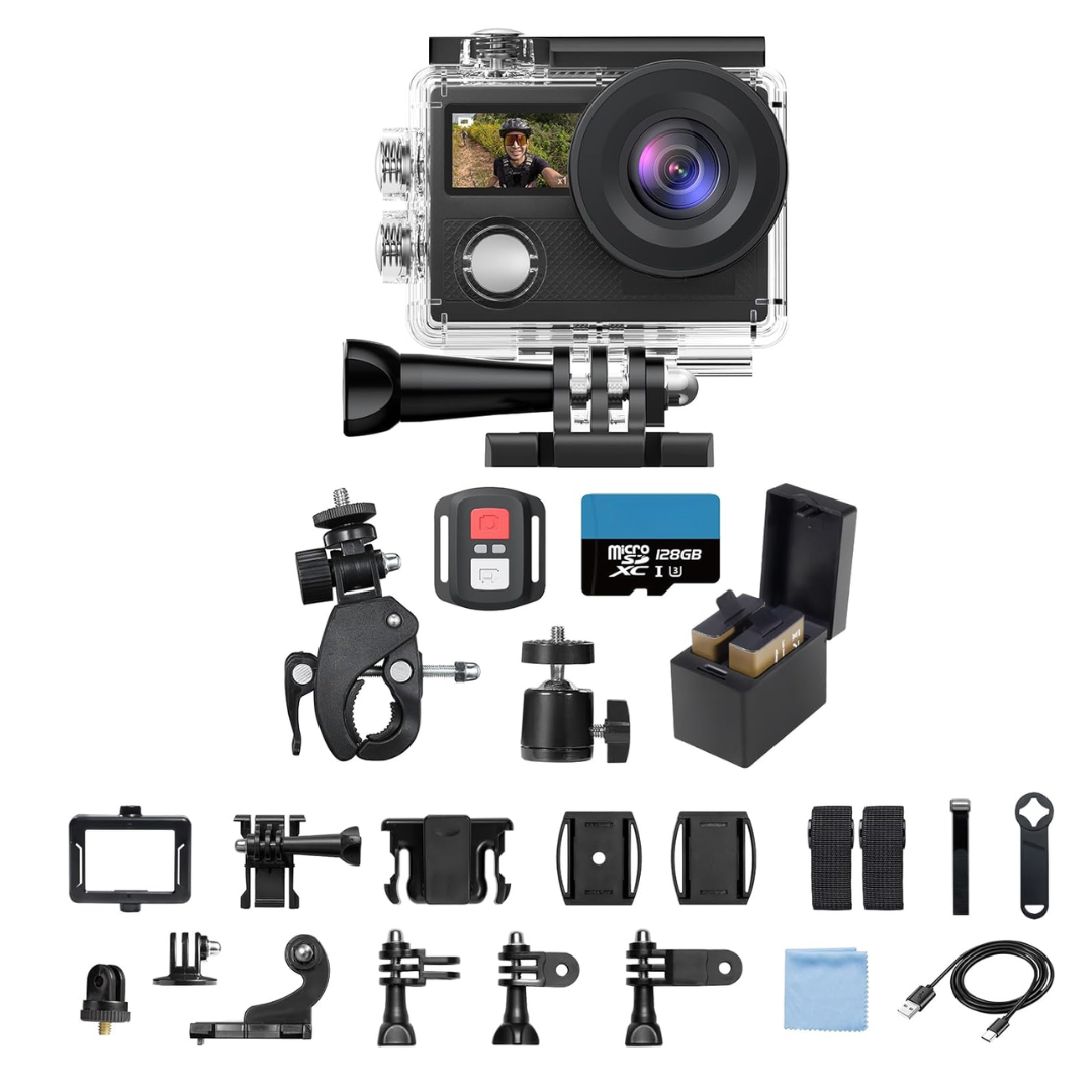 Waterproof 4K Action Camera Bundle with Dual Displays and WiFi Mount
