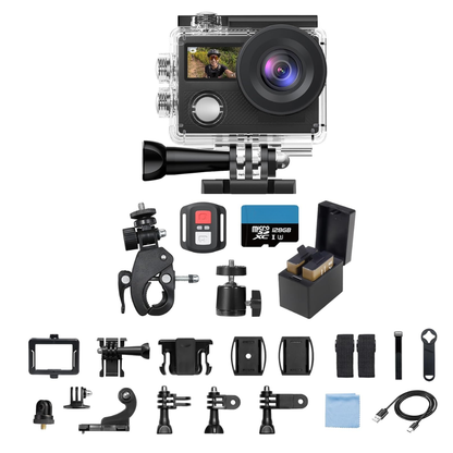 Waterproof 4K Action Camera Bundle with Dual Displays and WiFi Mount