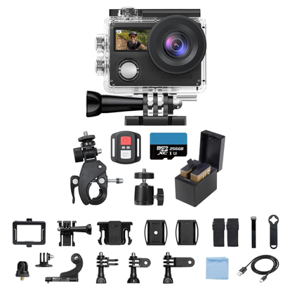 Waterproof 4K Action Camera Bundle with Dual Displays and WiFi Mount