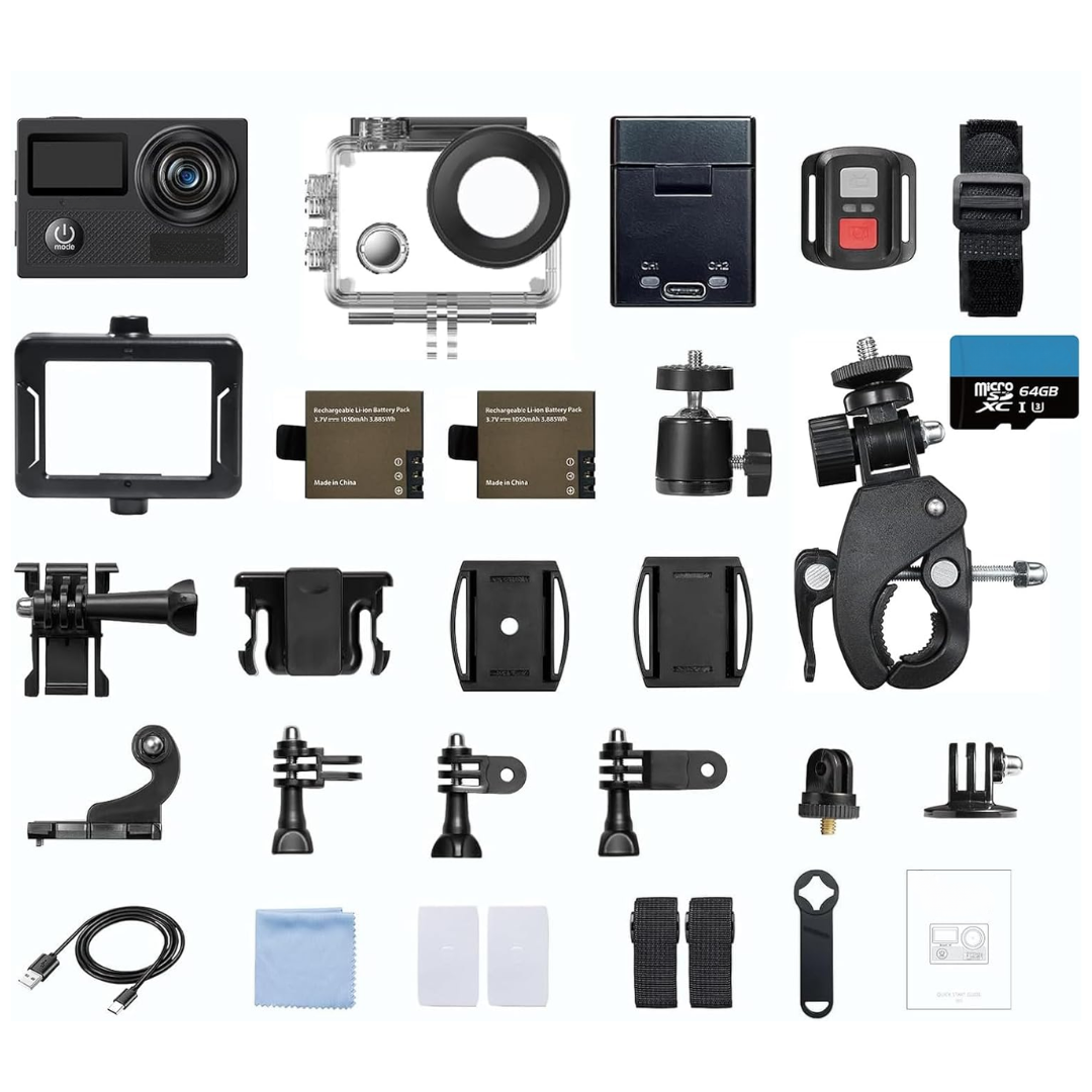 Waterproof 4K Action Camera Bundle with Dual Displays and WiFi Mount