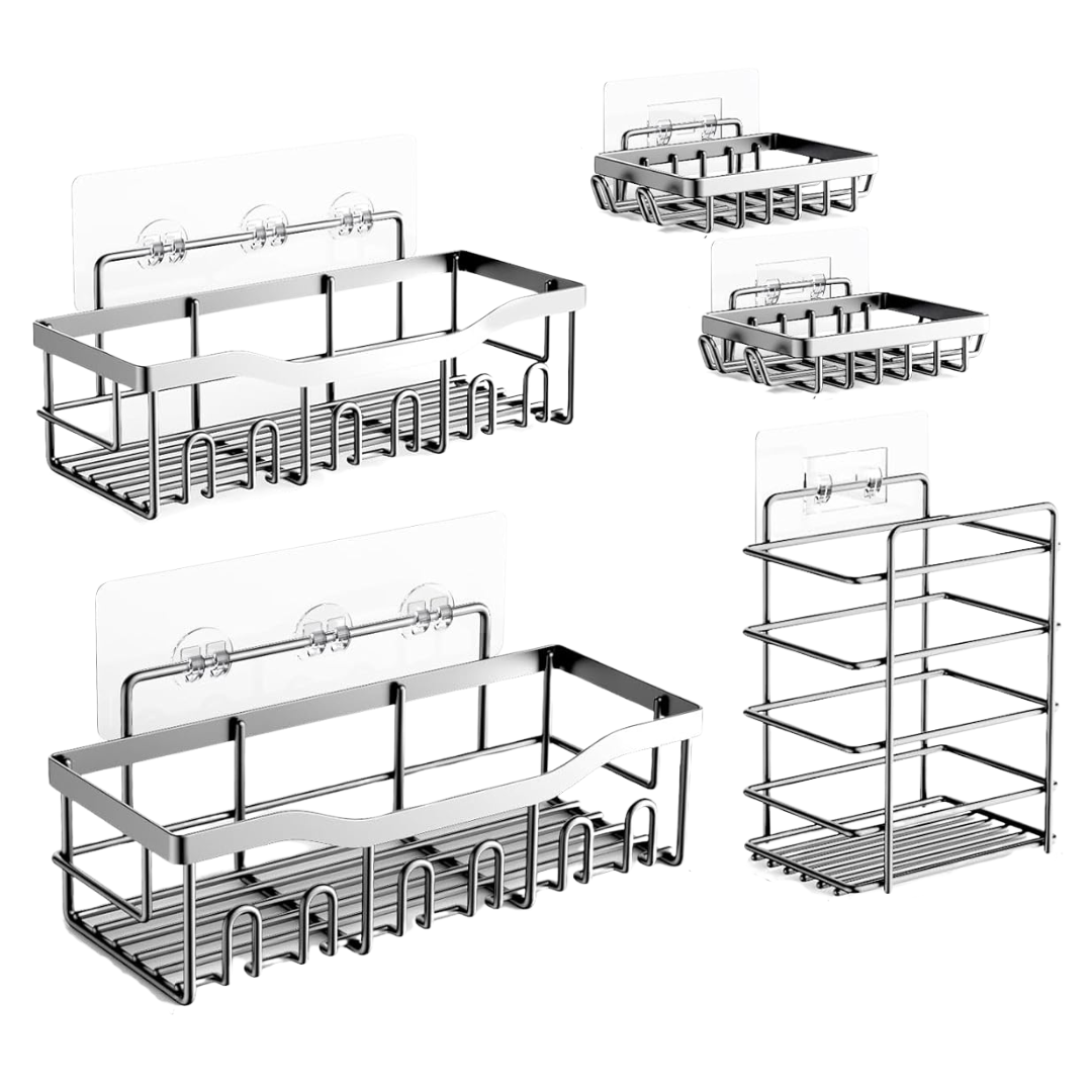 Stainless Steel Wall Caddy Set – 5-Pack for Bathroom and Kitchen