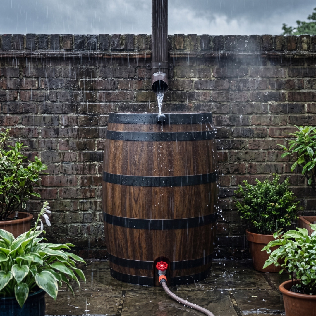 Flat Back Rain Barrel 50 Gallon with Spigot and Debris Filter