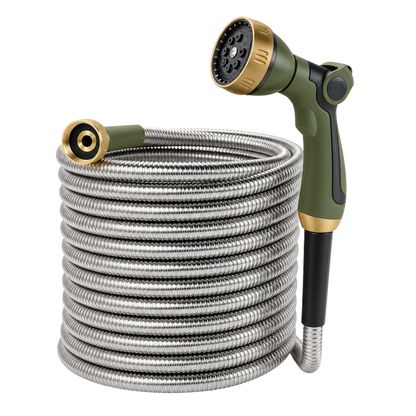 50-Foot Stainless Steel Garden Hose with 8-Function Spray Nozzle