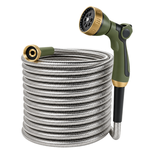 50-Foot Stainless Steel Garden Hose with 8-Function Spray Nozzle