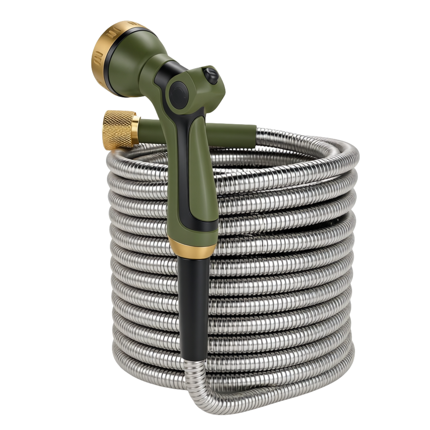50-Foot Stainless Steel Garden Hose with 8-Function Spray Nozzle
