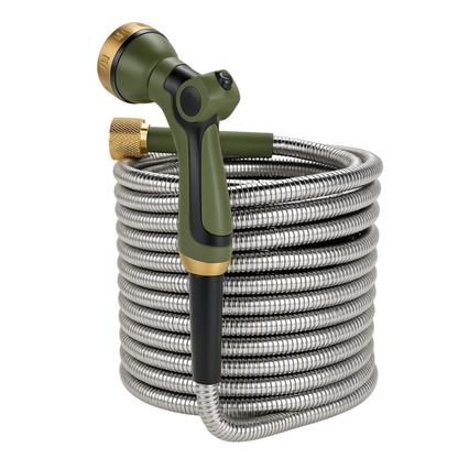 50-Foot Stainless Steel Garden Hose with 8-Function Spray Nozzle