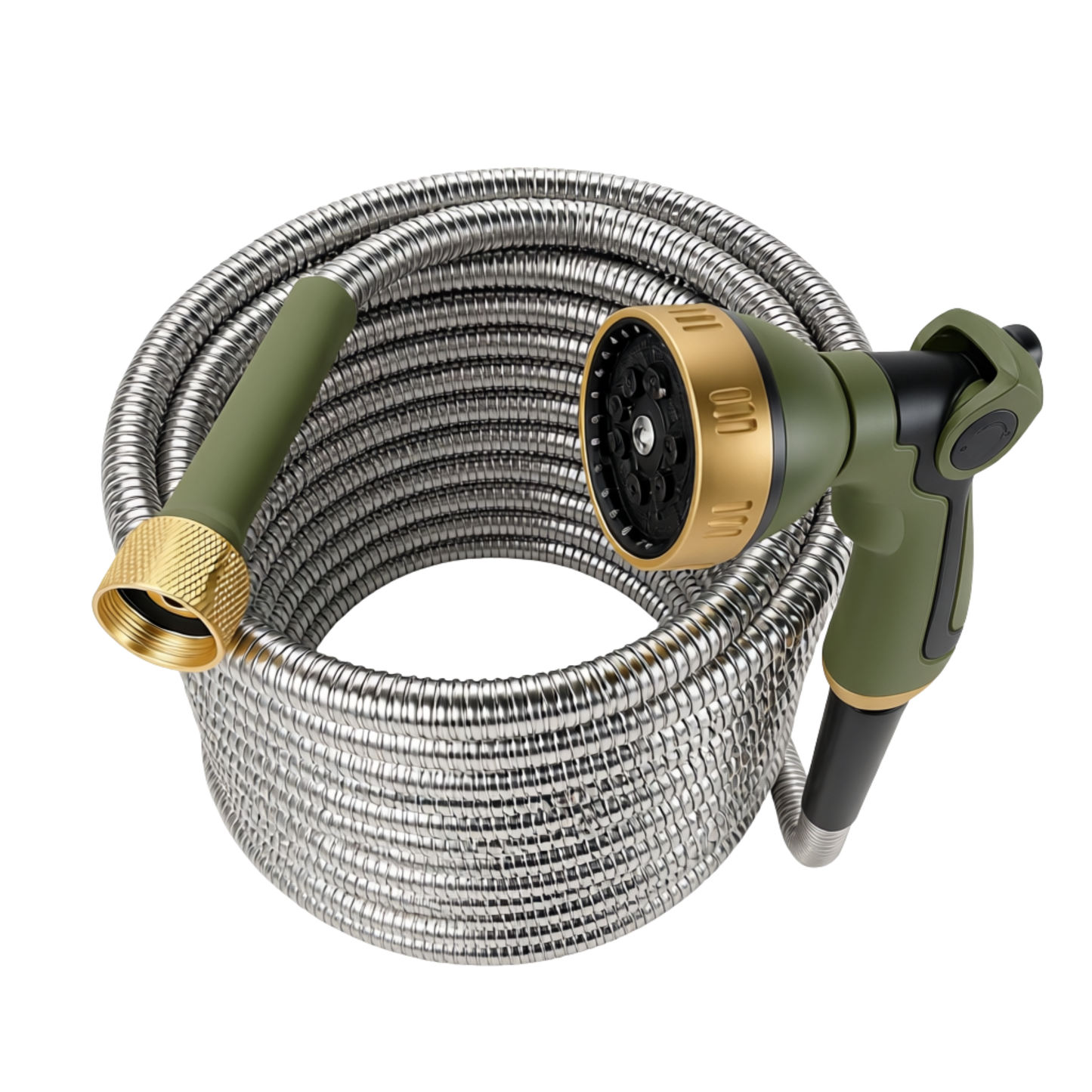 50-Foot Stainless Steel Garden Hose with 8-Function Spray Nozzle