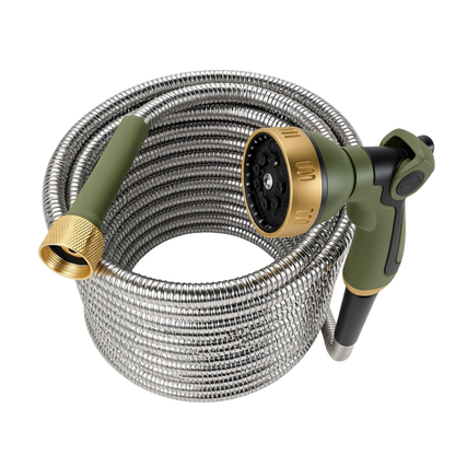 50-Foot Stainless Steel Garden Hose with 8-Function Spray Nozzle