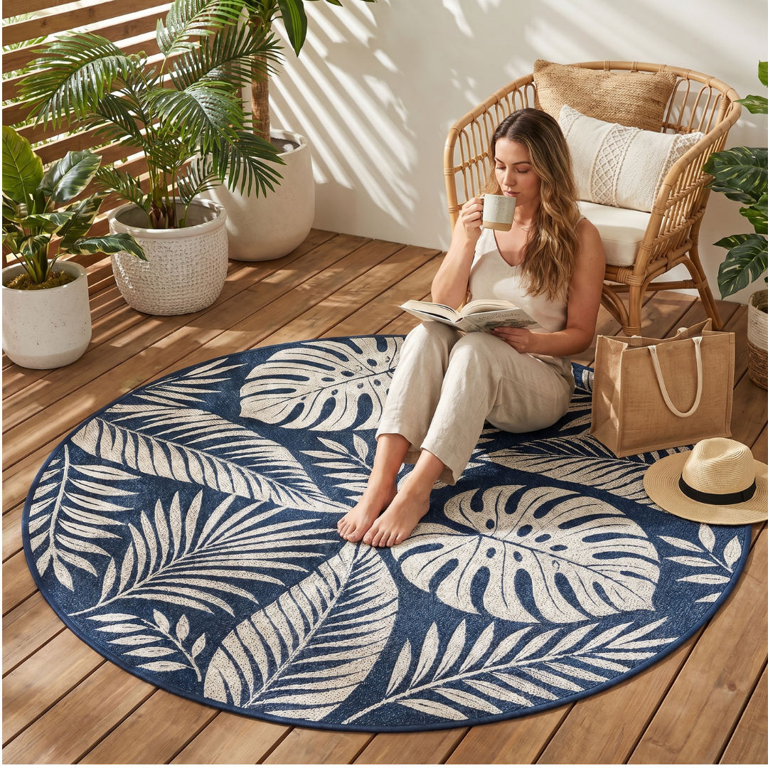 Reversible 6 ft Round Patio and Camping Rug in Polypropylene with Stakes