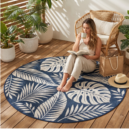 Reversible 6 ft Round Patio and Camping Rug in Polypropylene with Stakes