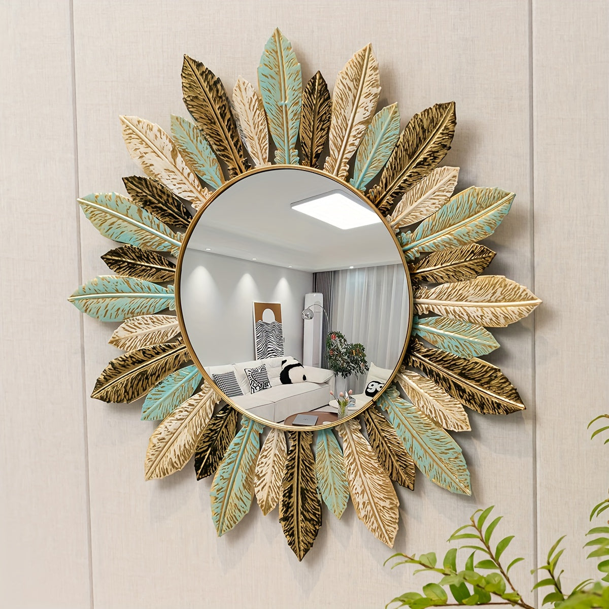 Elegant Sunburst Wall Mirror in Teal and Gold Accents