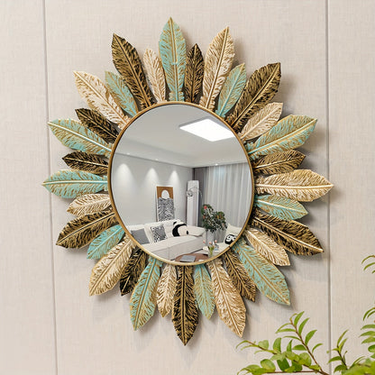 Elegant Sunburst Wall Mirror in Teal and Gold Accents