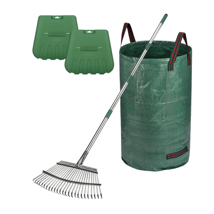 25-Tine Garden Rake with Leaf Scoops and Bag – 65-Inch Alloy Steel